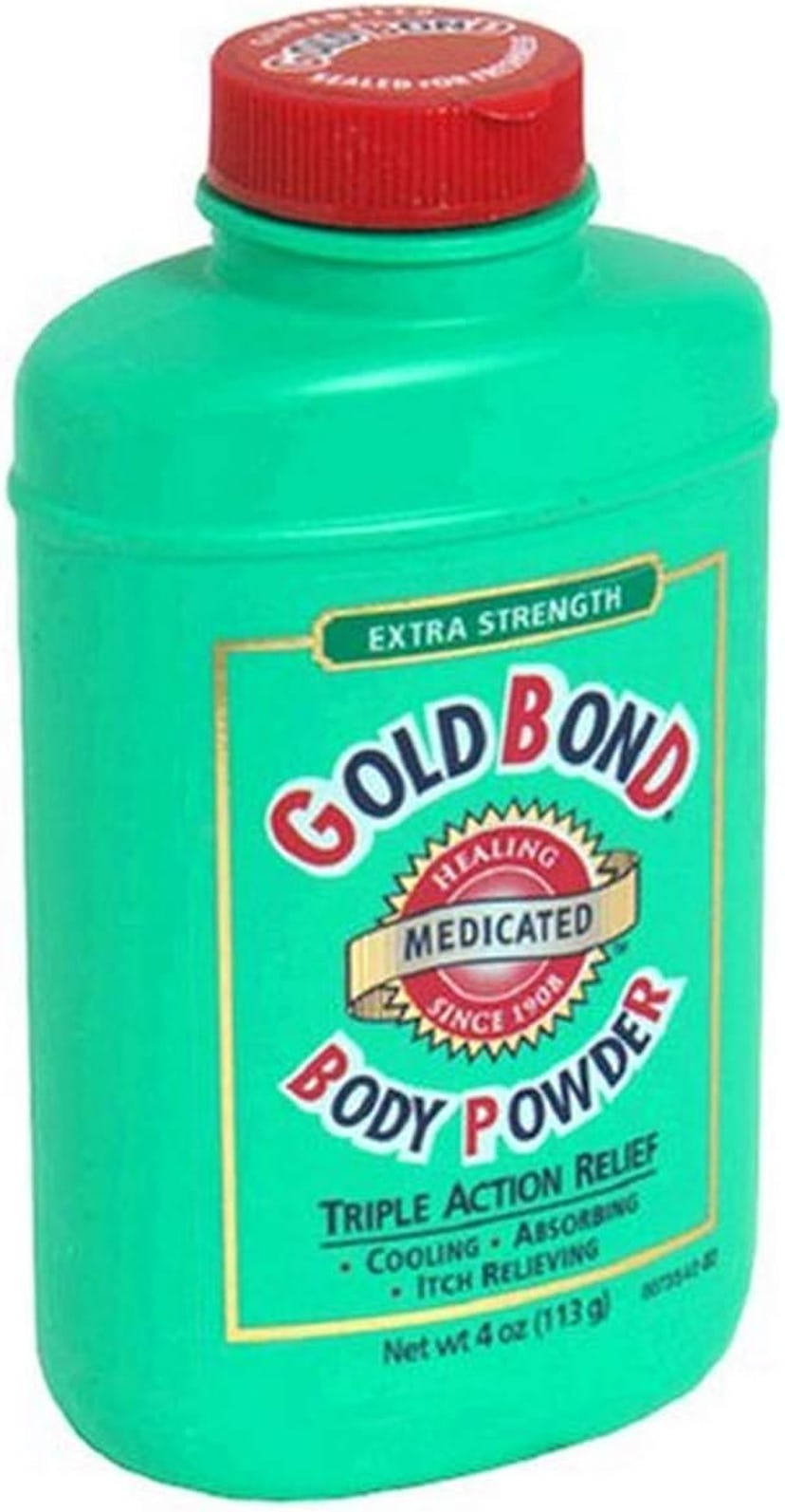 Green bottle of Gold Bond medicated body powder with a red cap, labeled for extra strength, itch rel...