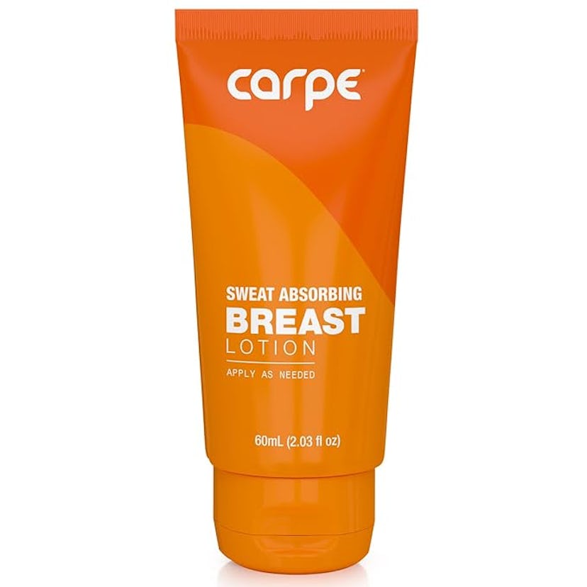 Orange tube of Carpe sweat absorbing breast lotion on a white background, labeled "Apply as needed",...