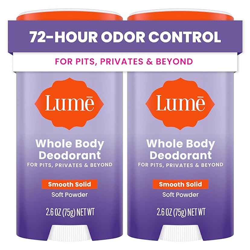 Two purple containers of Lume Whole Body Deodorant with a "72-hour odor control" label, in smooth so...