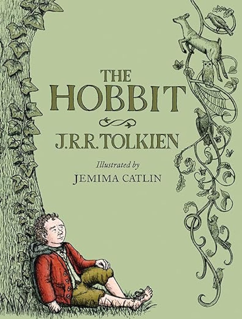 Cover of "The Hobbit" by J.R.R. Tolkien, featuring an illustration of Bilbo Baggins sitting under a ...