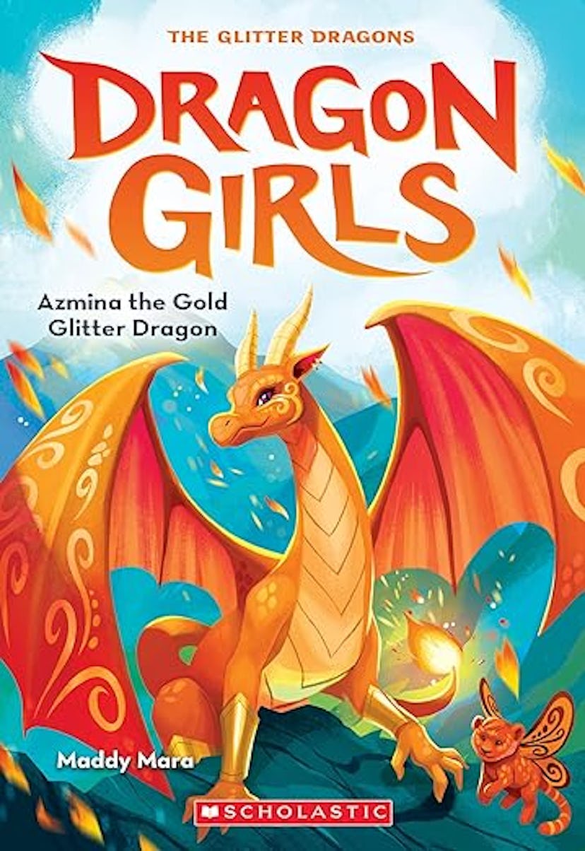 Book cover for "Dragon Girls" featuring a large golden dragon and a smaller red dragon under a bold ...