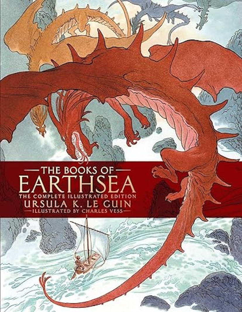 Illustrated cover of "The Books of Earthsea" featuring a red dragon flying over a stormy sea with a ...