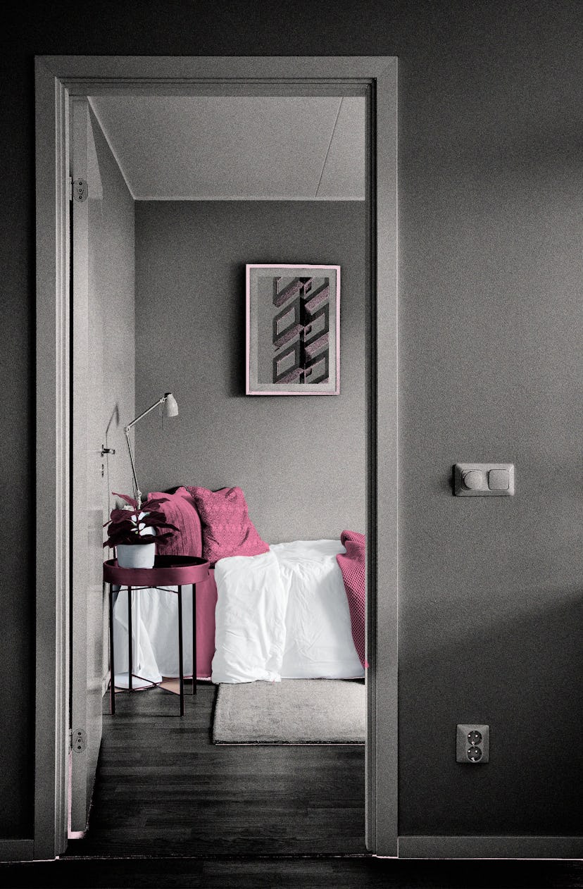 View through a doorway into a modern room with a bed, a guest room.