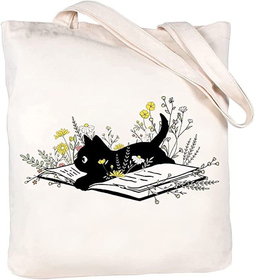 Mahrokh Cat Flower Canvas Tote Bag With Zipper