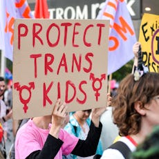 Placard saying, Protect the Trans kids, during the Trans march. Spectators displayed their support t...