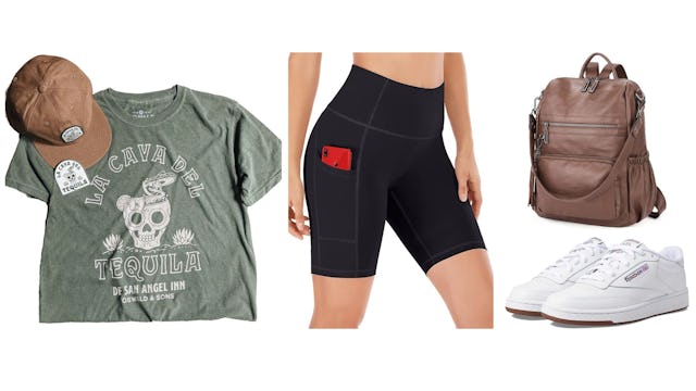 A example outfit for women to wear at Disney includes a themed shirt, biker shorts, and comfy shoes ...