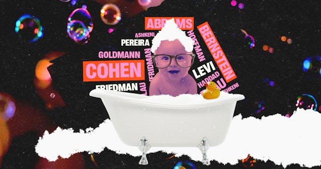 Jewish baby wearing glasses in the bathtub with jewish last names around it