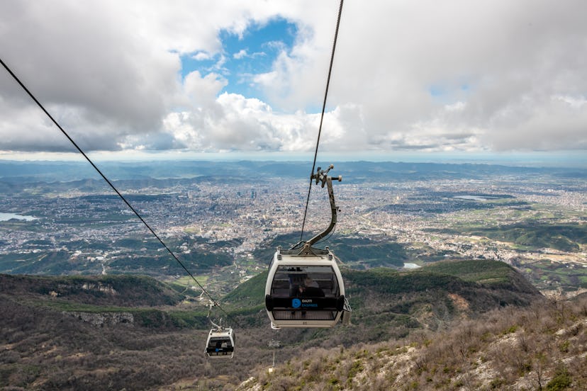 Tirana, Albania. 13 March 2024. Dajti Ekspres Cable Car over Tirana