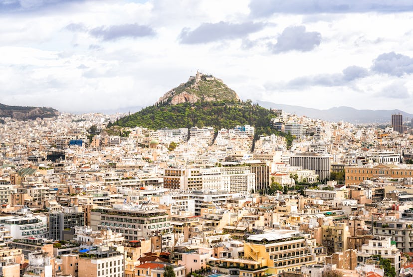 A view of Mount Lycabettus, from the high vantage point of the Acropolis, seen across part of the mo...