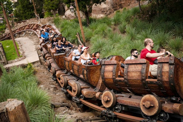 Guests on the Seven Dwarfs Mine Train at Disney World's Magic Kingdom on Saturday, June 3, 2023 in L...