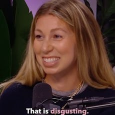 A smiling woman with long blonde hair, speaking into a microphone, captioned "That is disgusting."