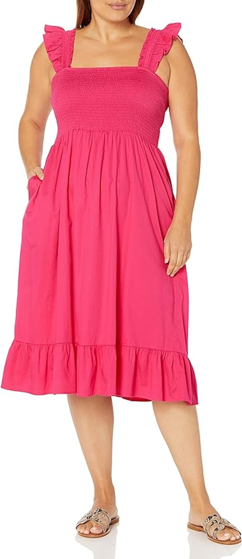 The Drop Kimi Ruffled-Shoulder Smocked Midi Dress