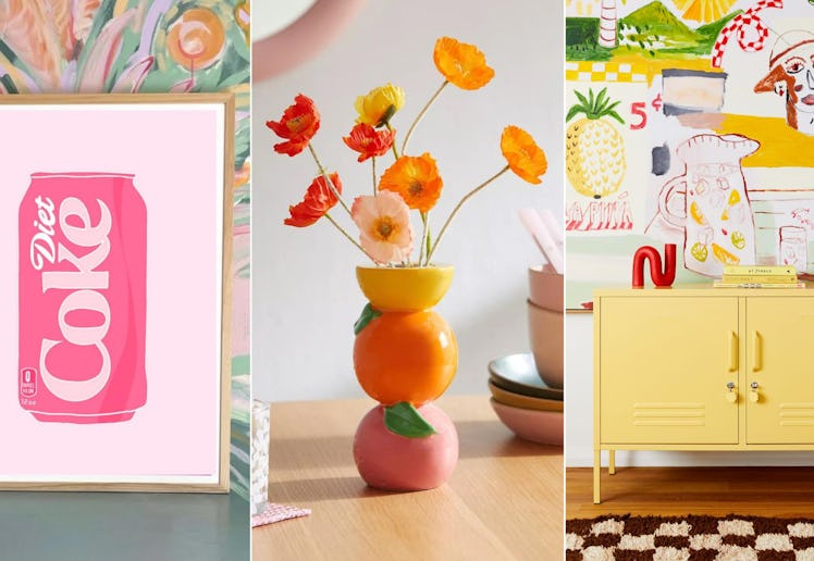 Three images: a bright pink Diet Coke poster, orange flowers in a stacked vase, and a yellow cabinet...