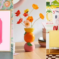 Three images: a bright pink Diet Coke poster, orange flowers in a stacked vase, and a yellow cabinet...