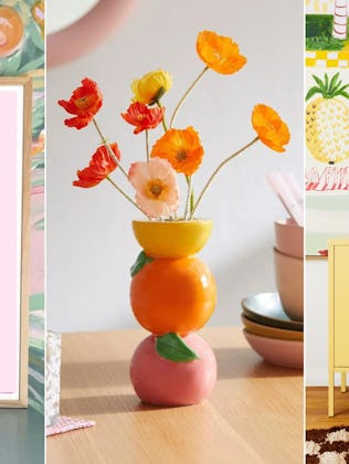 Three images: a bright pink Diet Coke poster, orange flowers in a stacked vase, and a yellow cabinet...